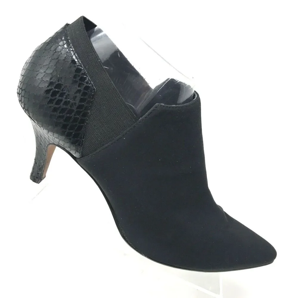 Donald Pliner Tillie Bootie‎ Womens 8.5 M Black Leather Fabric Pointed Toe Heel